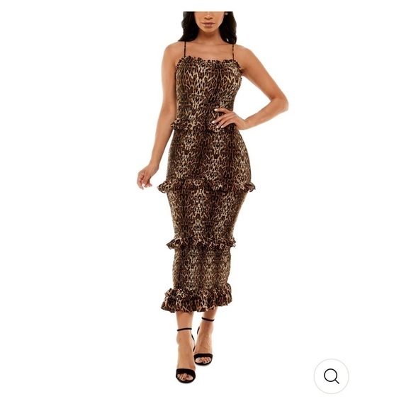 Bebe Smocked Ruffled Animal Print Midi Body Con Dress - Picture 4 of 5